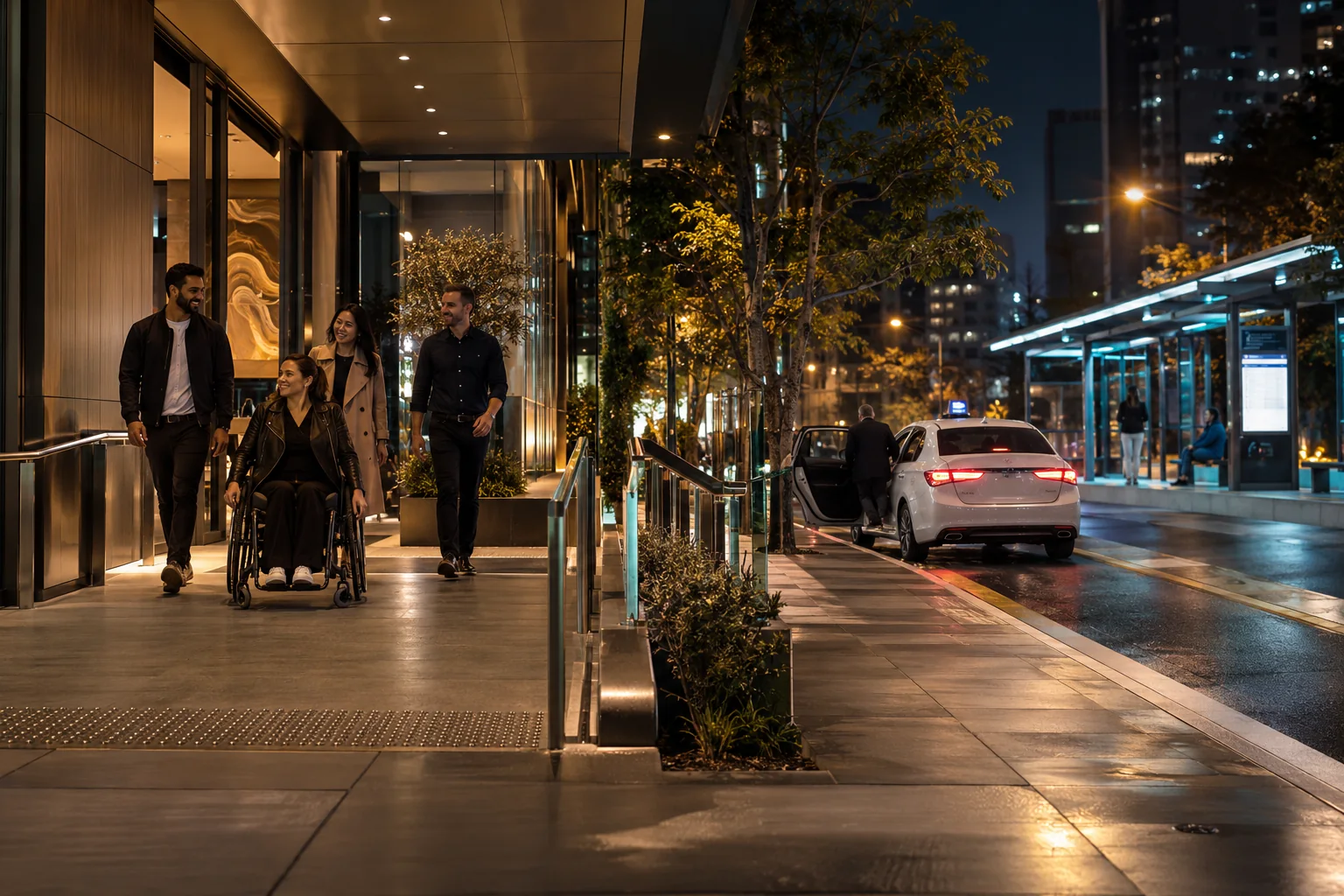 Illustrative step-free venue entrance, accessible guest, pickup area and public transport stop at night
