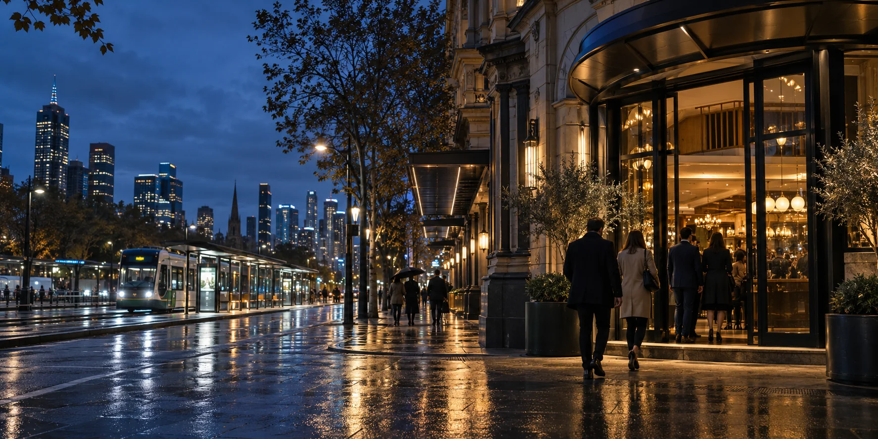 Illustrative night streetscape with a tram stop beside an urban hospitality venue